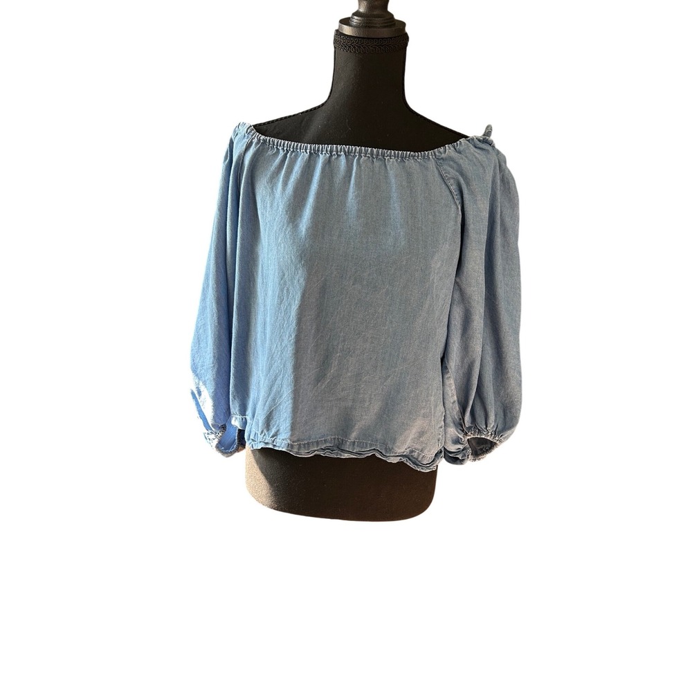 ON 34th Chambray Off Shoulder Peasant Blouse Womens Small Puff Sleeve Boho Top